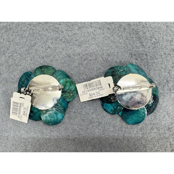 Chicos Dionne Flower Pin Brooch Lot Of 2 Teal Blue Gold Rhinestone Statement - Picture 5 of 7